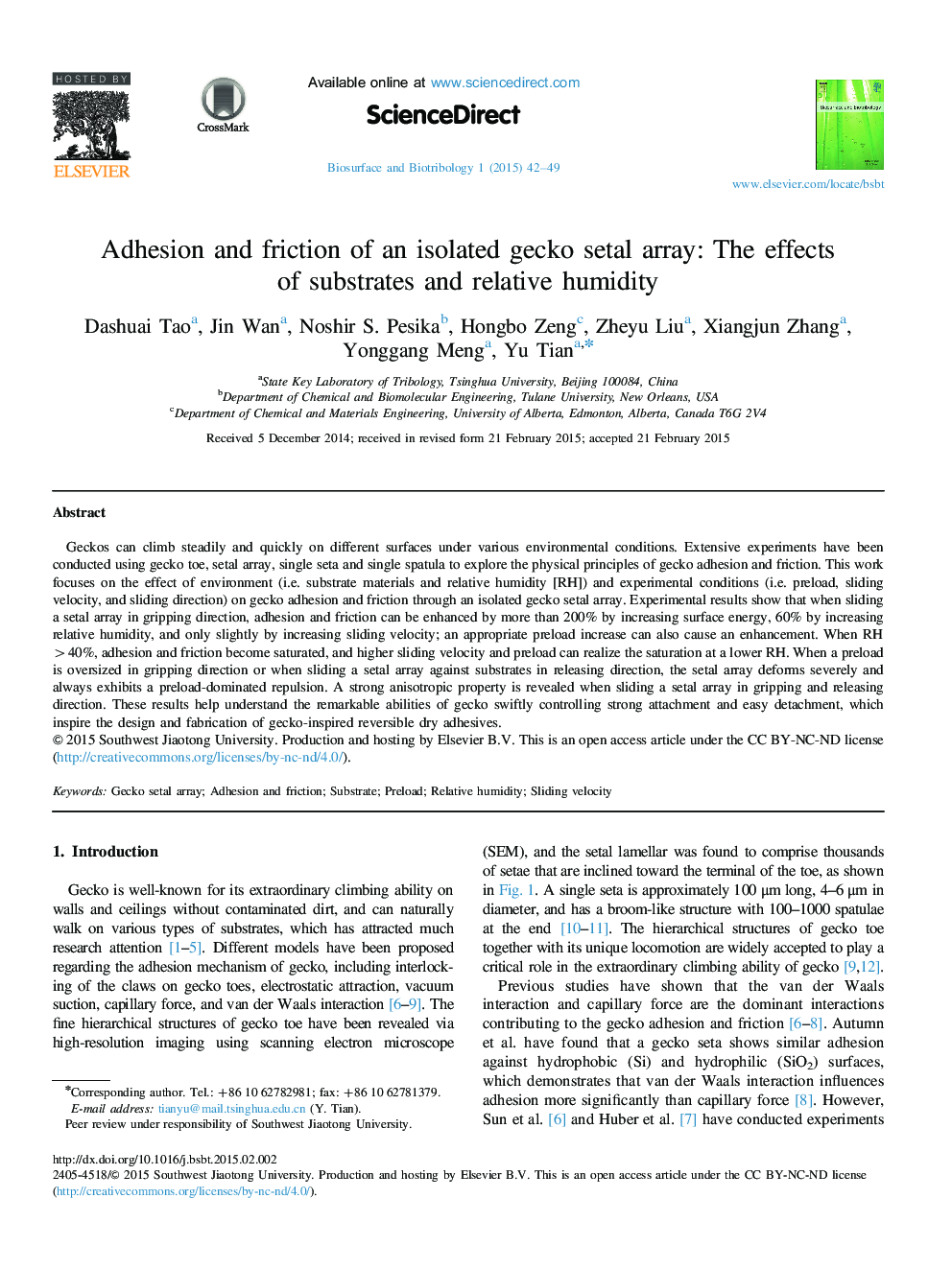 Adhesion and friction of an isolated gecko setal array: The effects of substrates and relative humidity 