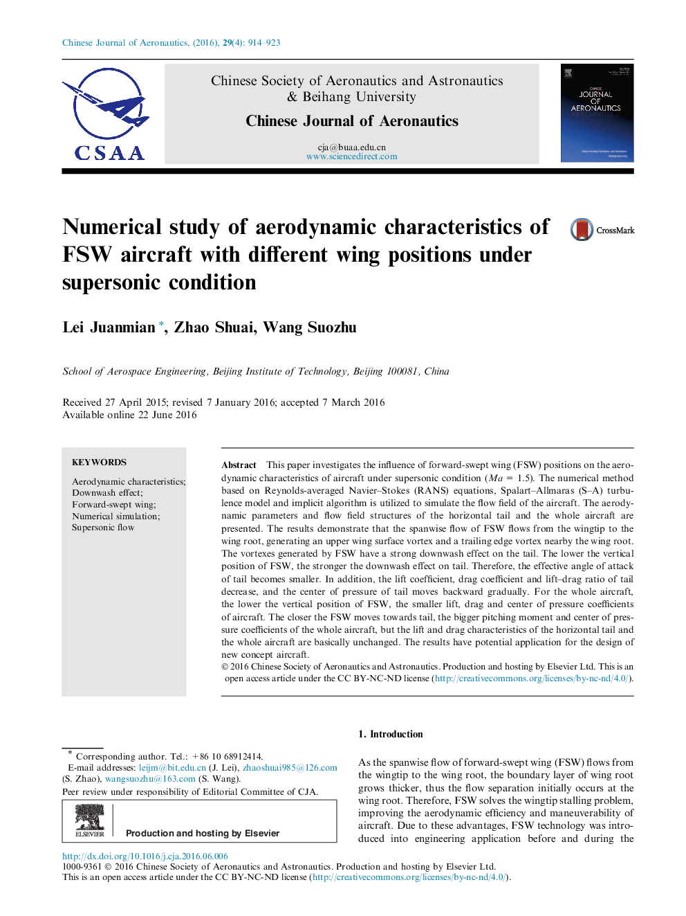 Numerical study of aerodynamic characteristics of FSW aircraft with different wing positions under supersonic condition 