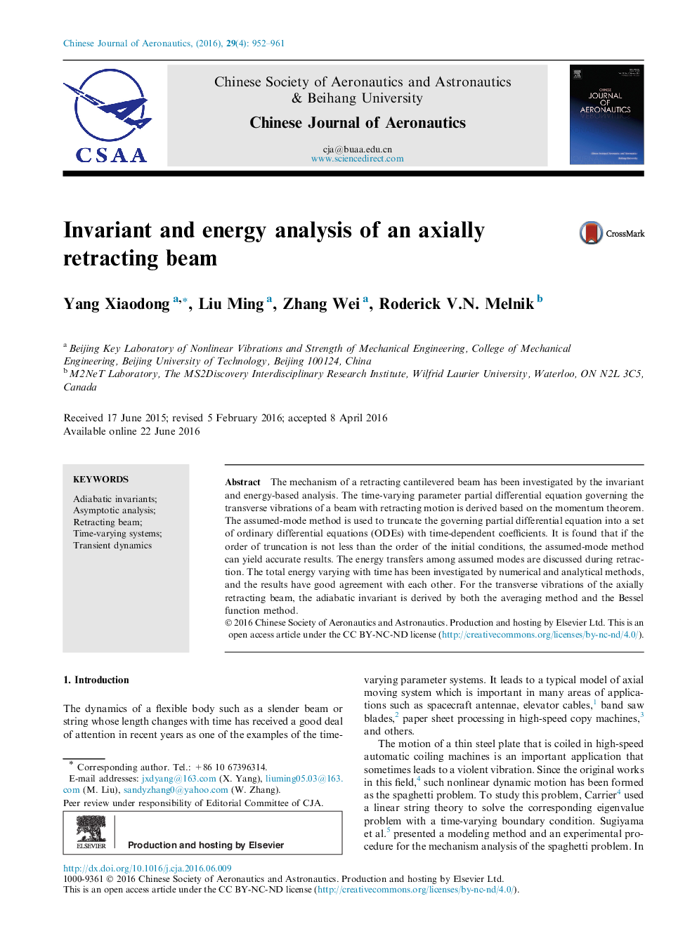 Invariant and energy analysis of an axially retracting beam 