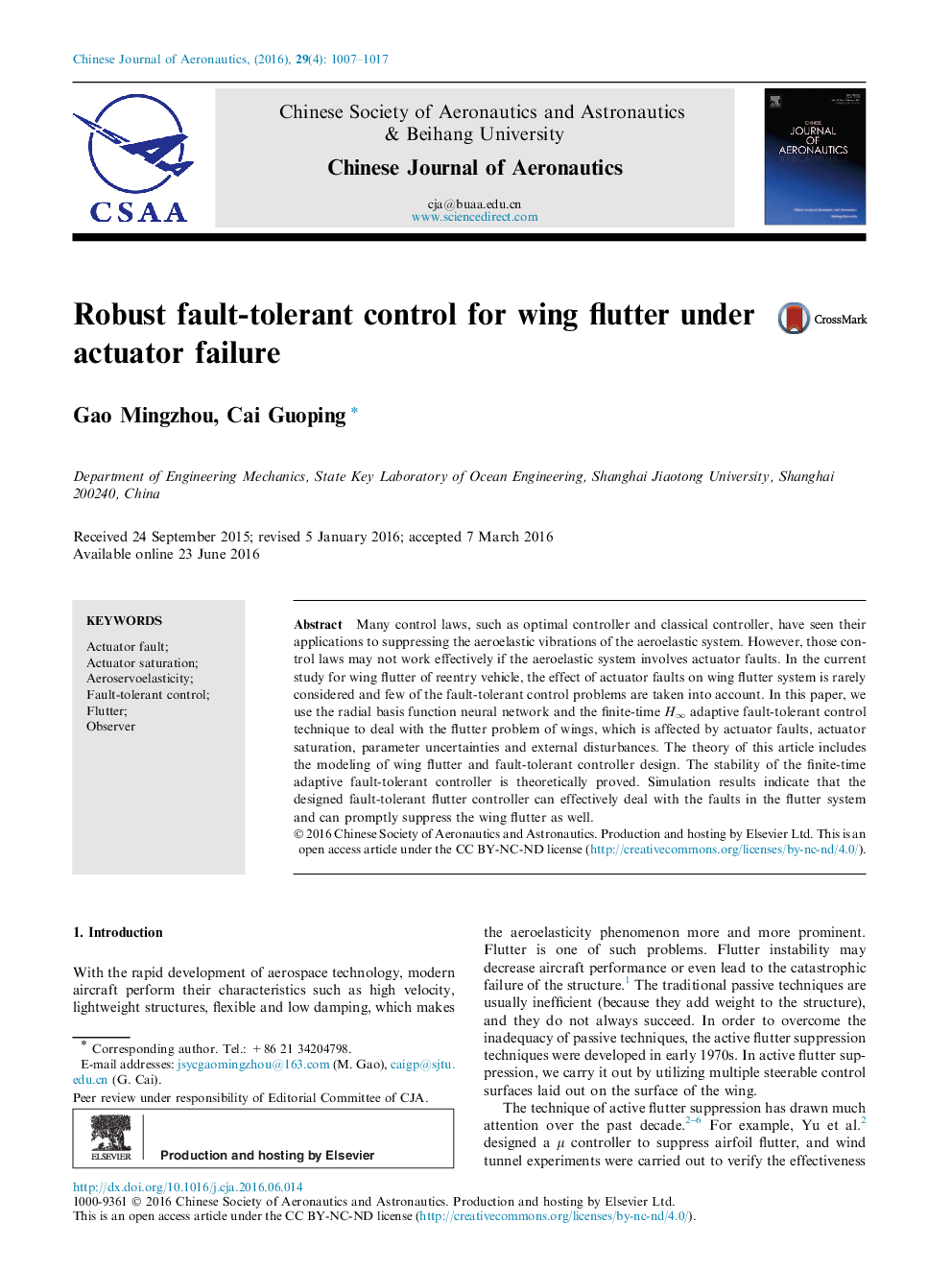 Robust fault-tolerant control for wing flutter under actuator failure 