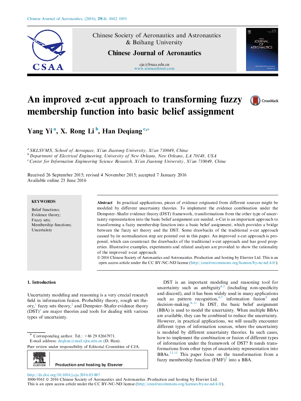 An improved α-cut approach to transforming fuzzy membership function into basic belief assignment 