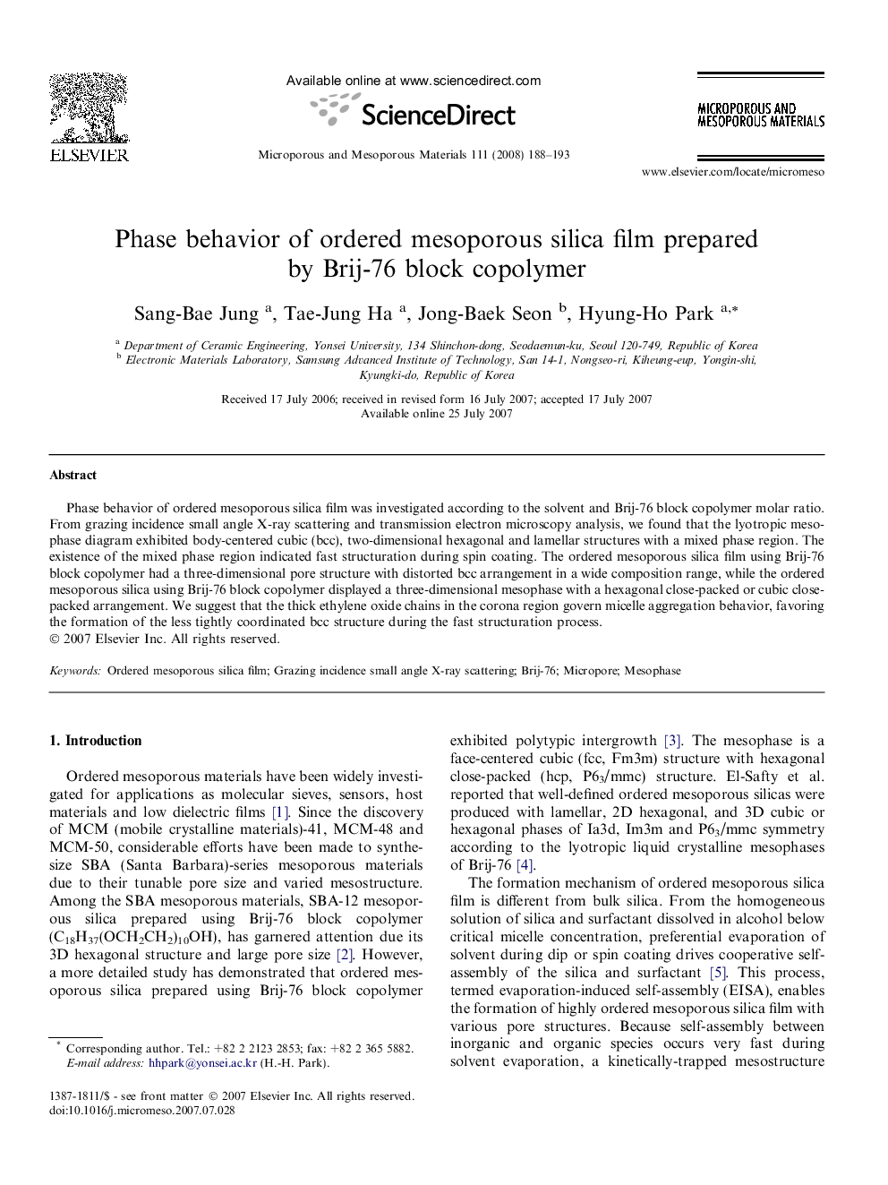 Phase behavior of ordered mesoporous silica film prepared by Brij-76 block copolymer