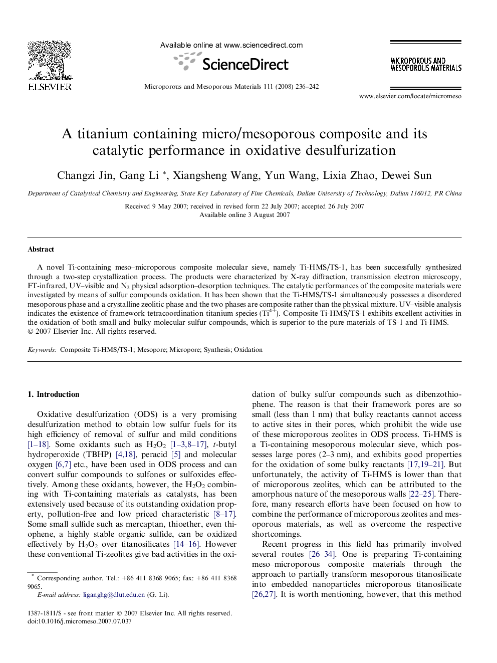 A titanium containing micro/mesoporous composite and its catalytic performance in oxidative desulfurization