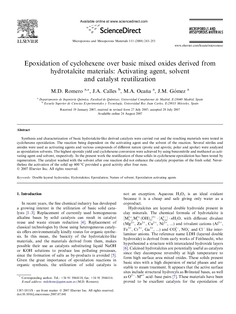 Epoxidation of cyclohexene over basic mixed oxides derived from hydrotalcite materials: Activating agent, solvent and catalyst reutilization