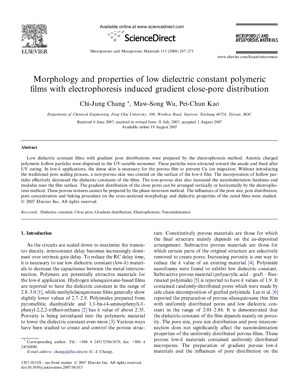 Morphology and properties of low dielectric constant polymeric films with electrophoresis induced gradient close-pore distribution