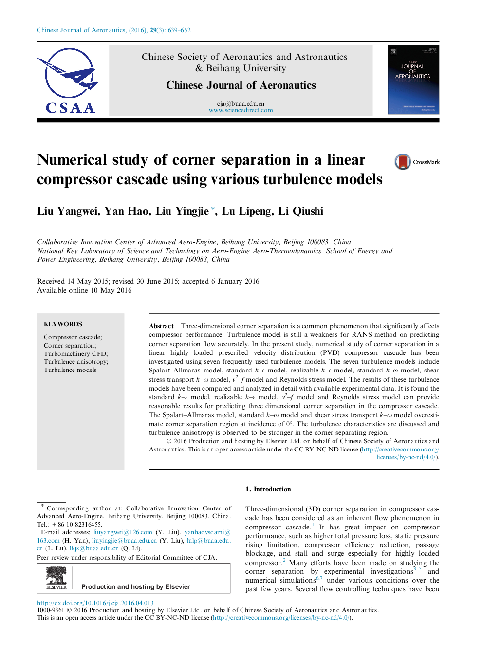 Numerical study of corner separation in a linear compressor cascade using various turbulence models 