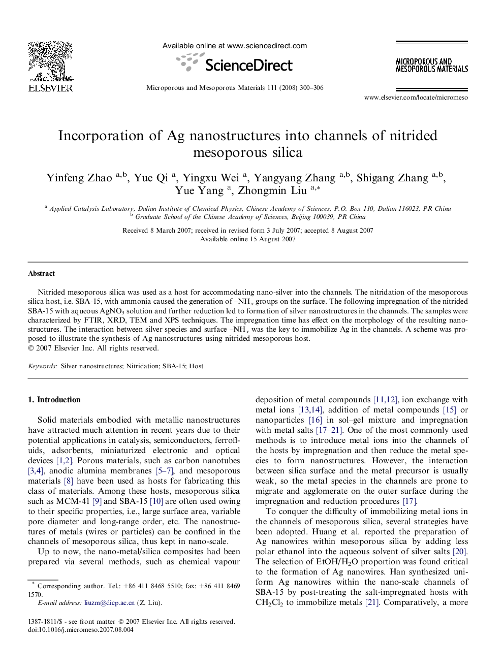 Incorporation of Ag nanostructures into channels of nitrided mesoporous silica