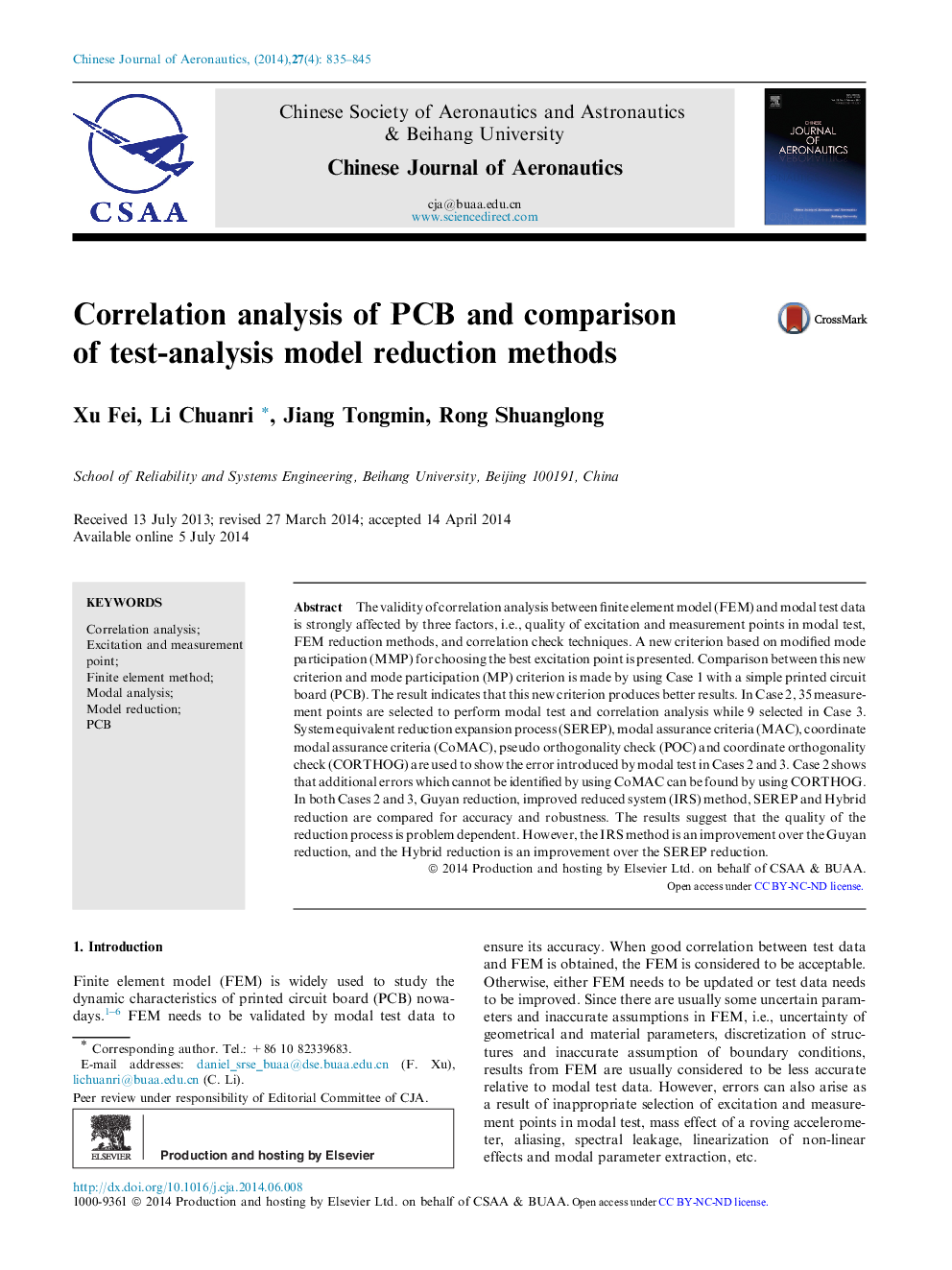 Correlation analysis of PCB and comparison of test-analysis model reduction methods 