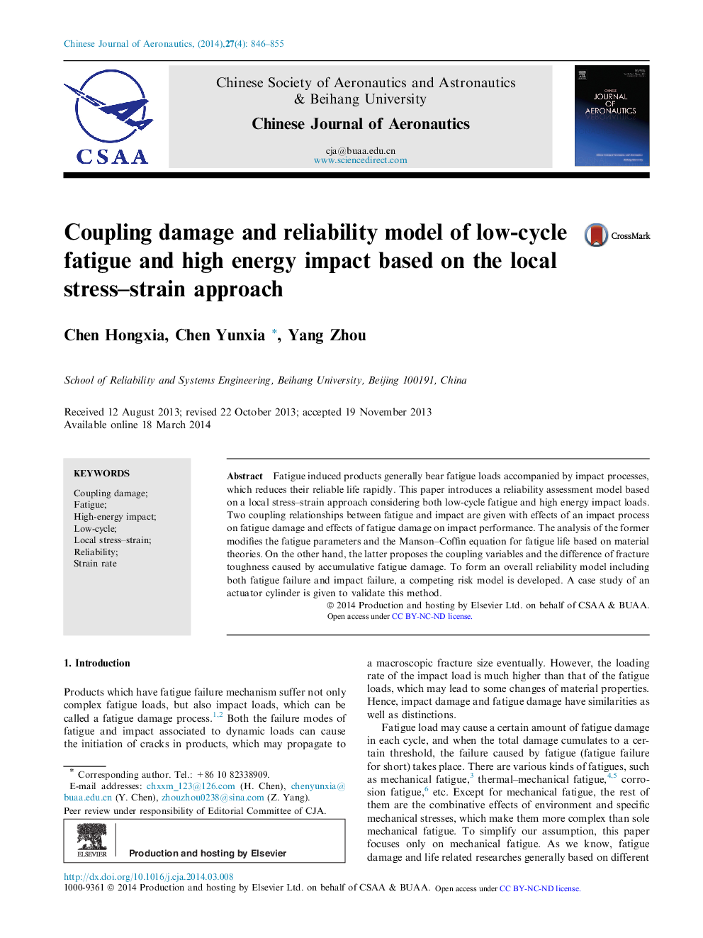 Coupling damage and reliability model of low-cycle fatigue and high energy impact based on the local stress–strain approach 