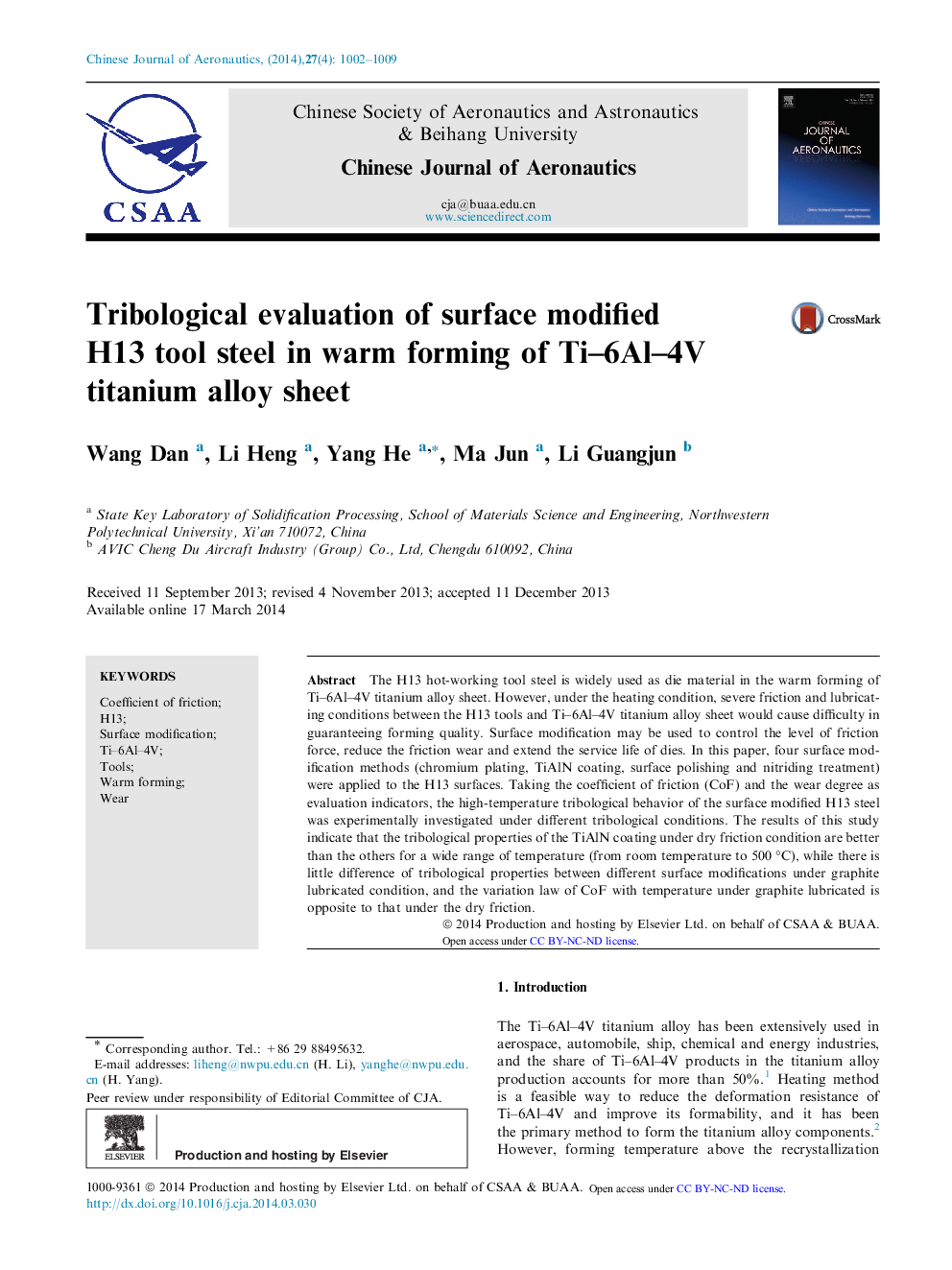 Tribological evaluation of surface modified H13 tool steel in warm forming of Ti–6Al–4V titanium alloy sheet 