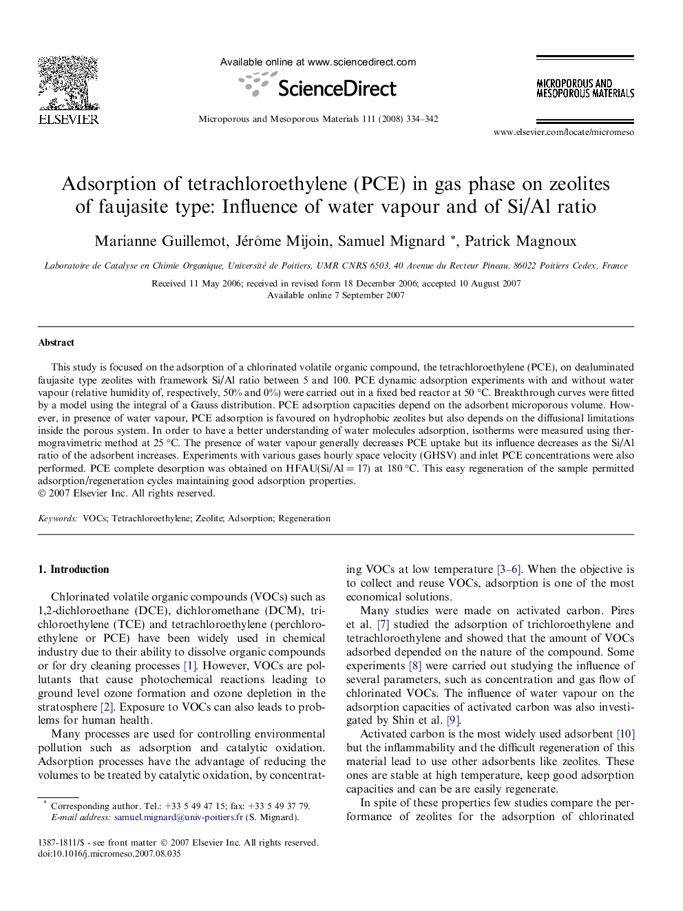 Adsorption of tetrachloroethylene (PCE) in gas phase on zeolites of faujasite type: Influence of water vapour and of Si/Al ratio