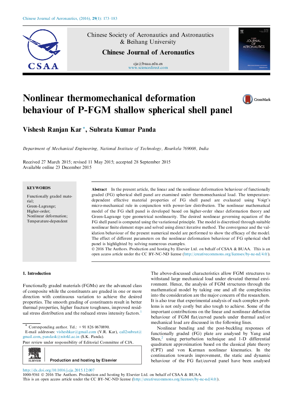 Nonlinear thermomechanical deformation behaviour of P-FGM shallow spherical shell panel 