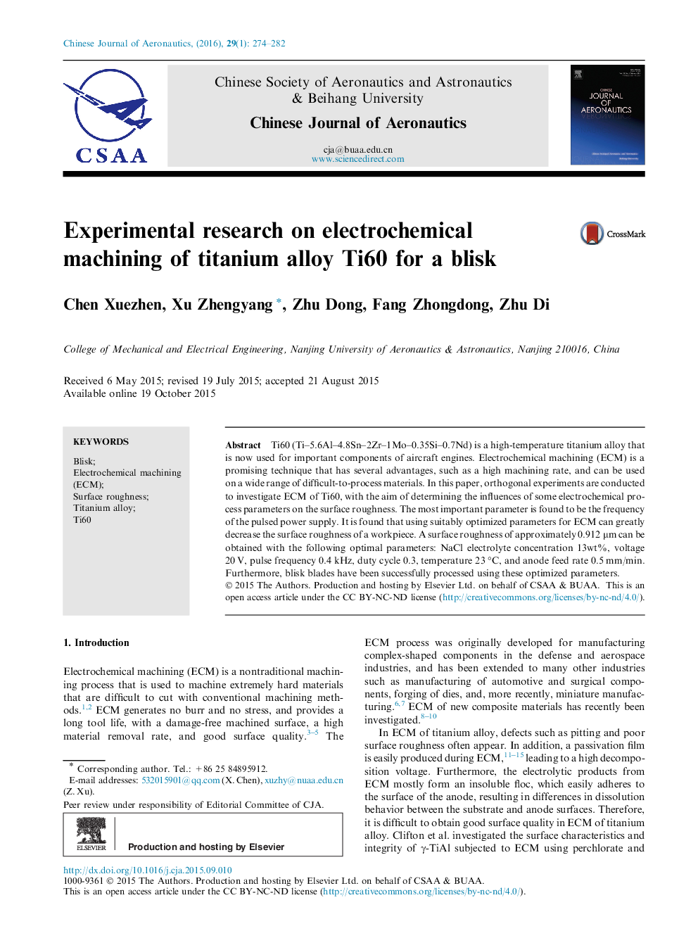 Experimental research on electrochemical machining of titanium alloy Ti60 for a blisk 