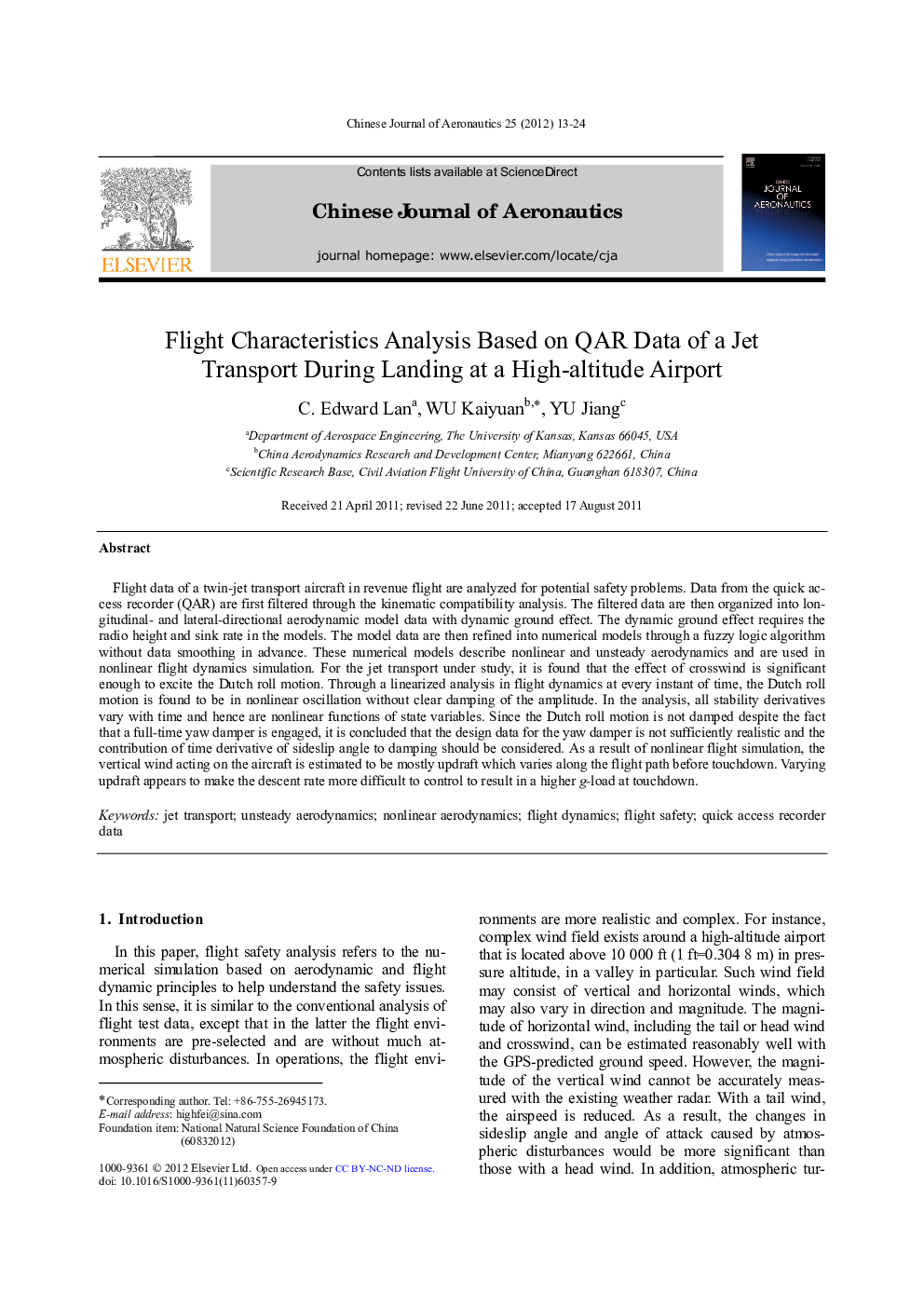 Flight Characteristics Analysis Based on QAR Data of a Jet Transport During Landing at a High-altitude Airport 