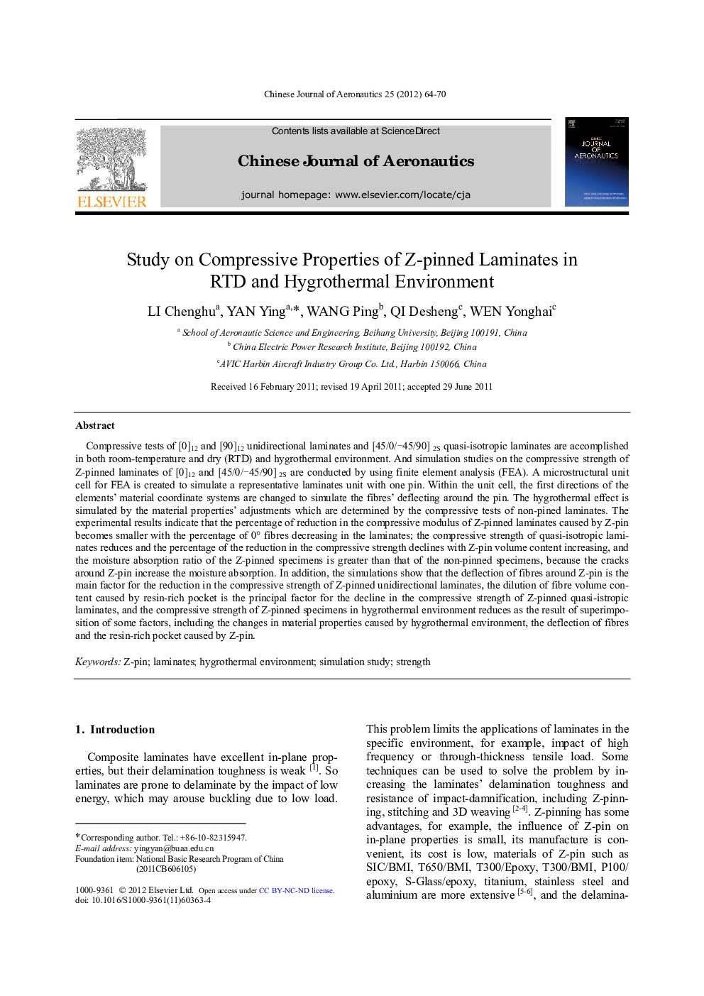 Study on Compressive Properties of Z-pinned Laminates in RTD and Hygrothermal Environment 