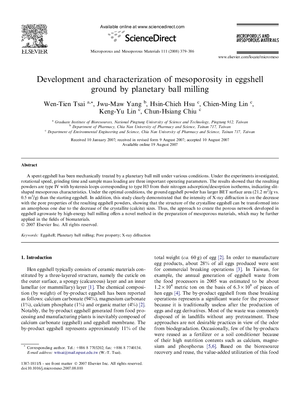 Development and characterization of mesoporosity in eggshell ground by planetary ball milling