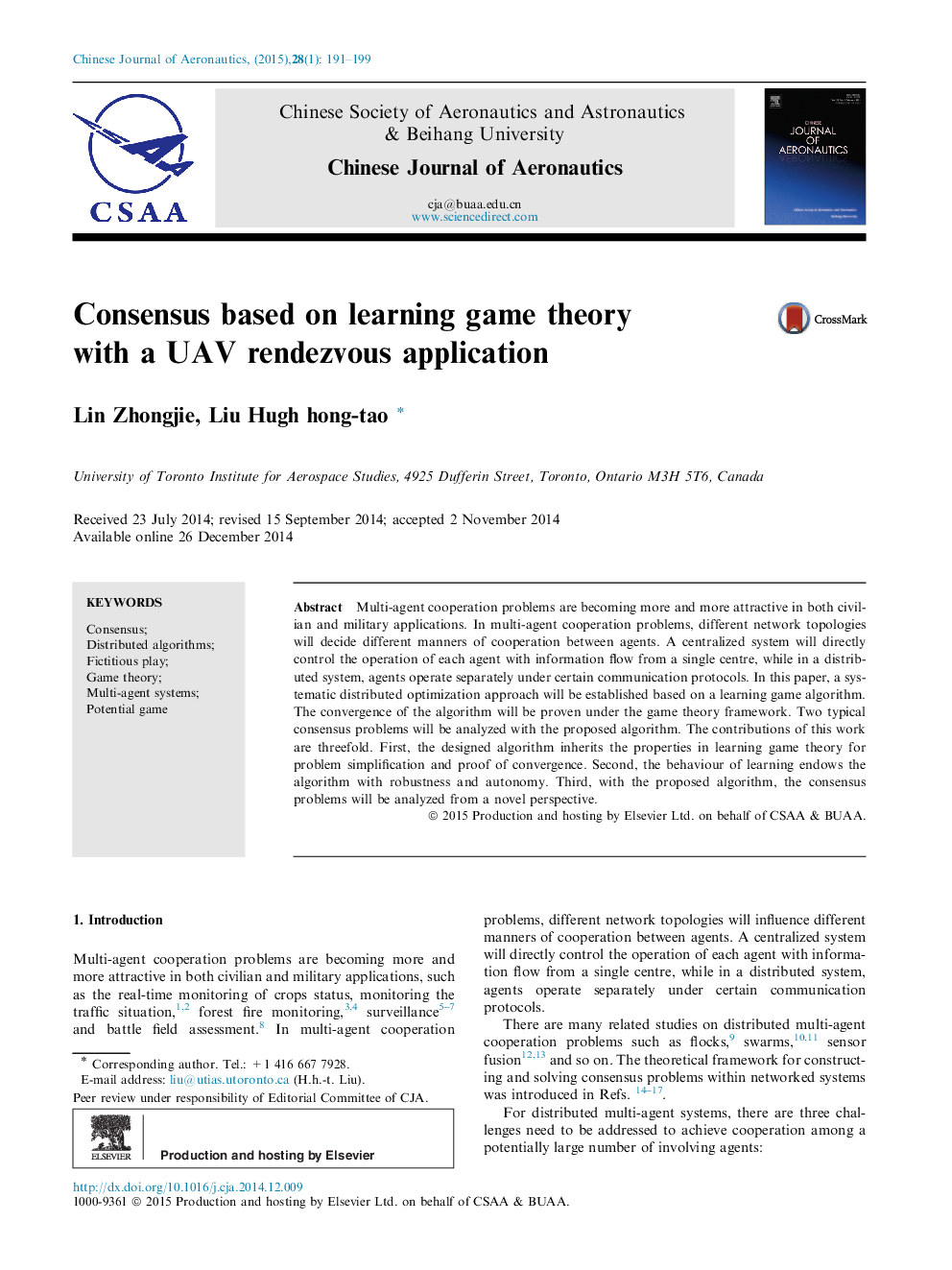 Consensus based on learning game theory with a UAV rendezvous application 