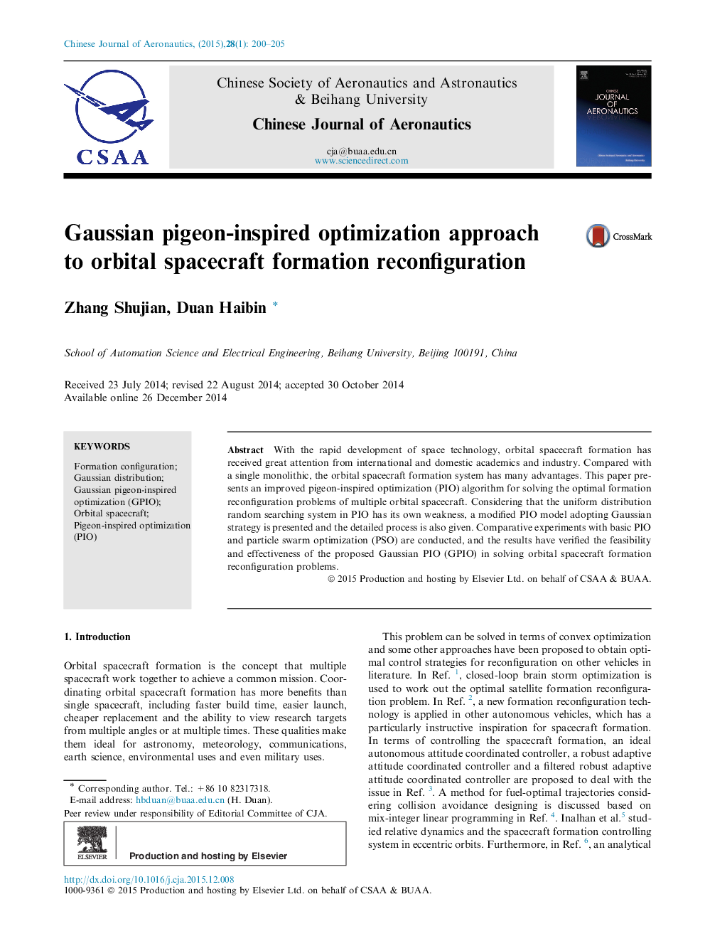 Gaussian pigeon-inspired optimization approach to orbital spacecraft formation reconfiguration 