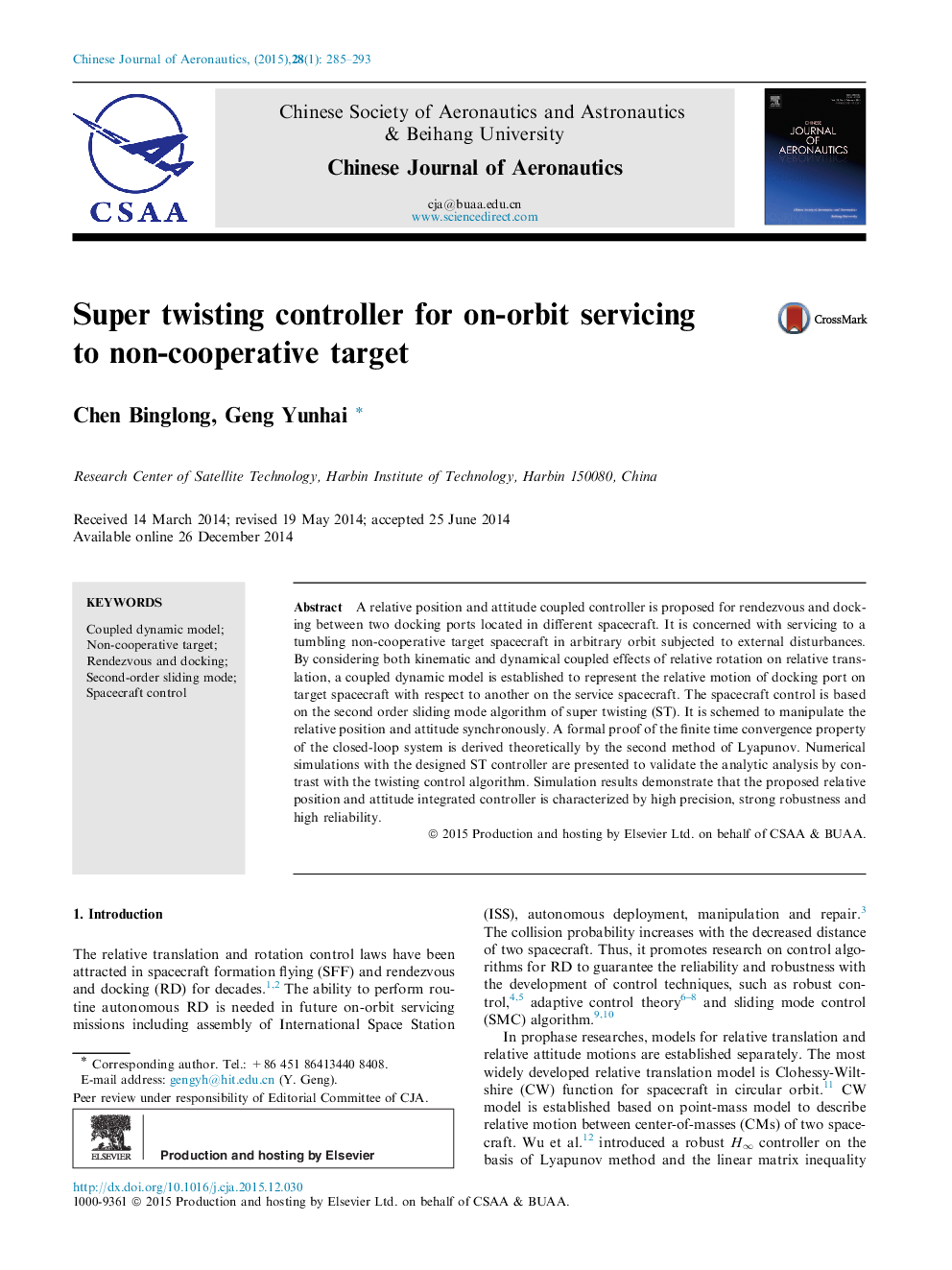 Super twisting controller for on-orbit servicing to non-cooperative target 