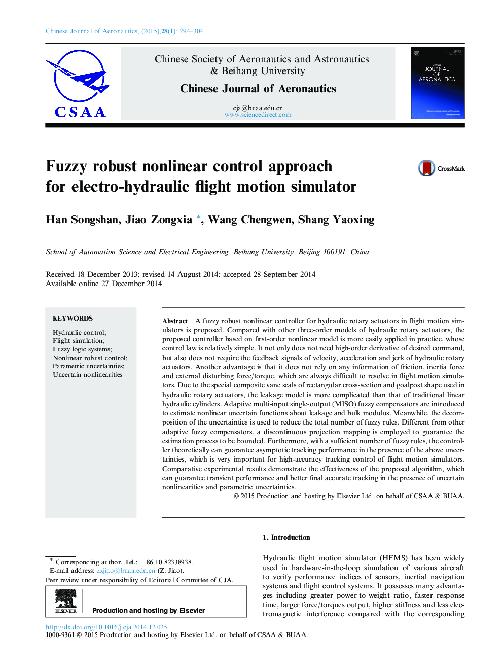 Fuzzy robust nonlinear control approach for electro-hydraulic flight motion simulator 