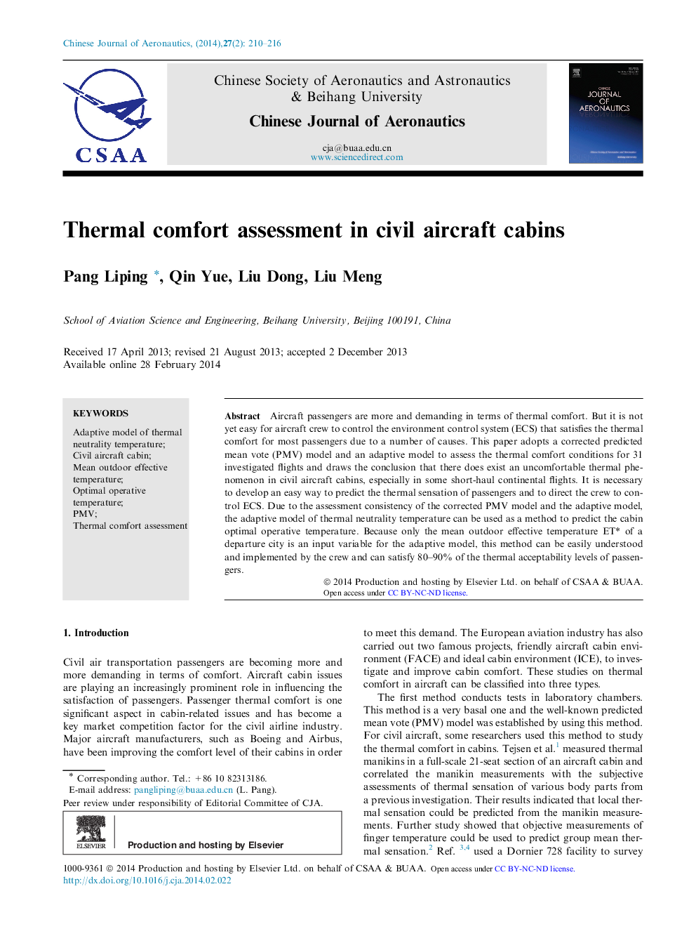 Thermal comfort assessment in civil aircraft cabins 