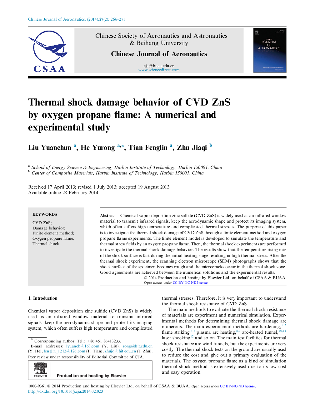 Thermal shock damage behavior of CVD ZnS by oxygen propane flame: A numerical and experimental study 