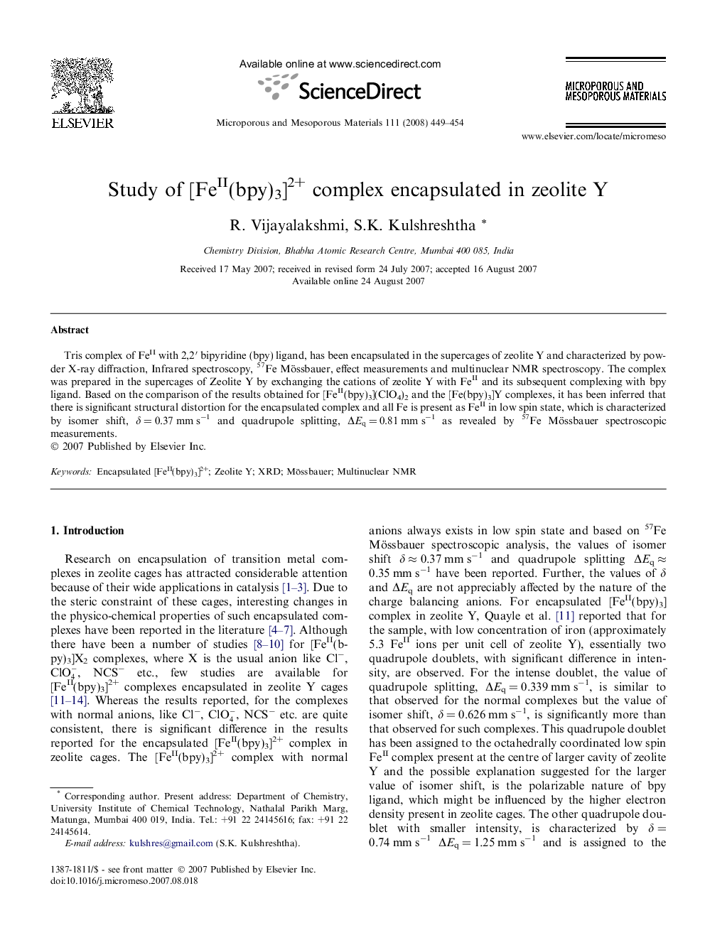 Study of [FeII(bpy)3]2+ complex encapsulated in zeolite Y