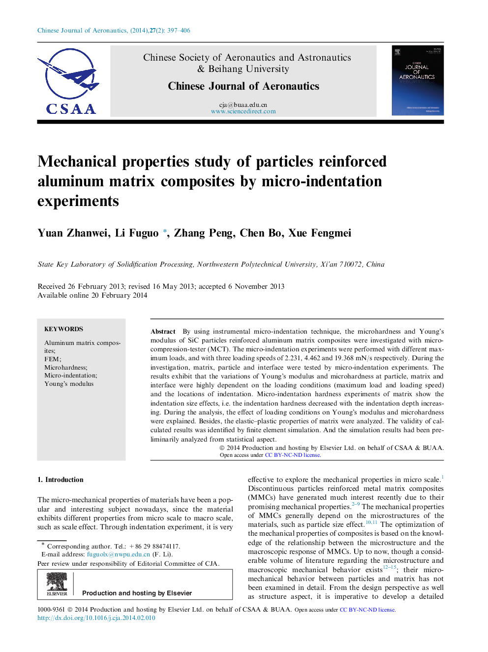 Mechanical properties study of particles reinforced aluminum matrix composites by micro-indentation experiments 