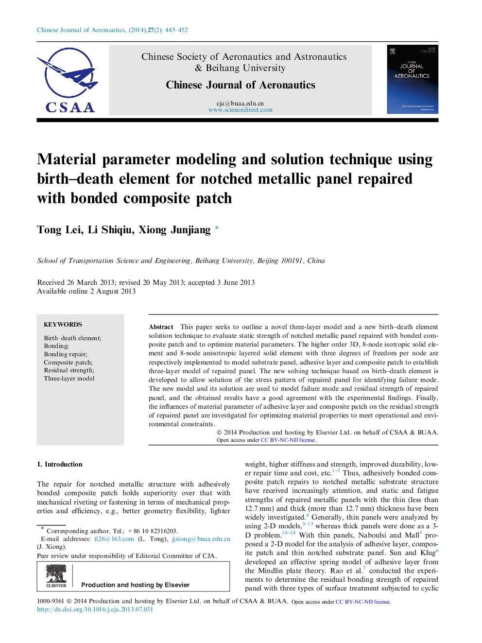 Material parameter modeling and solution technique using birth–death element for notched metallic panel repaired with bonded composite patch 