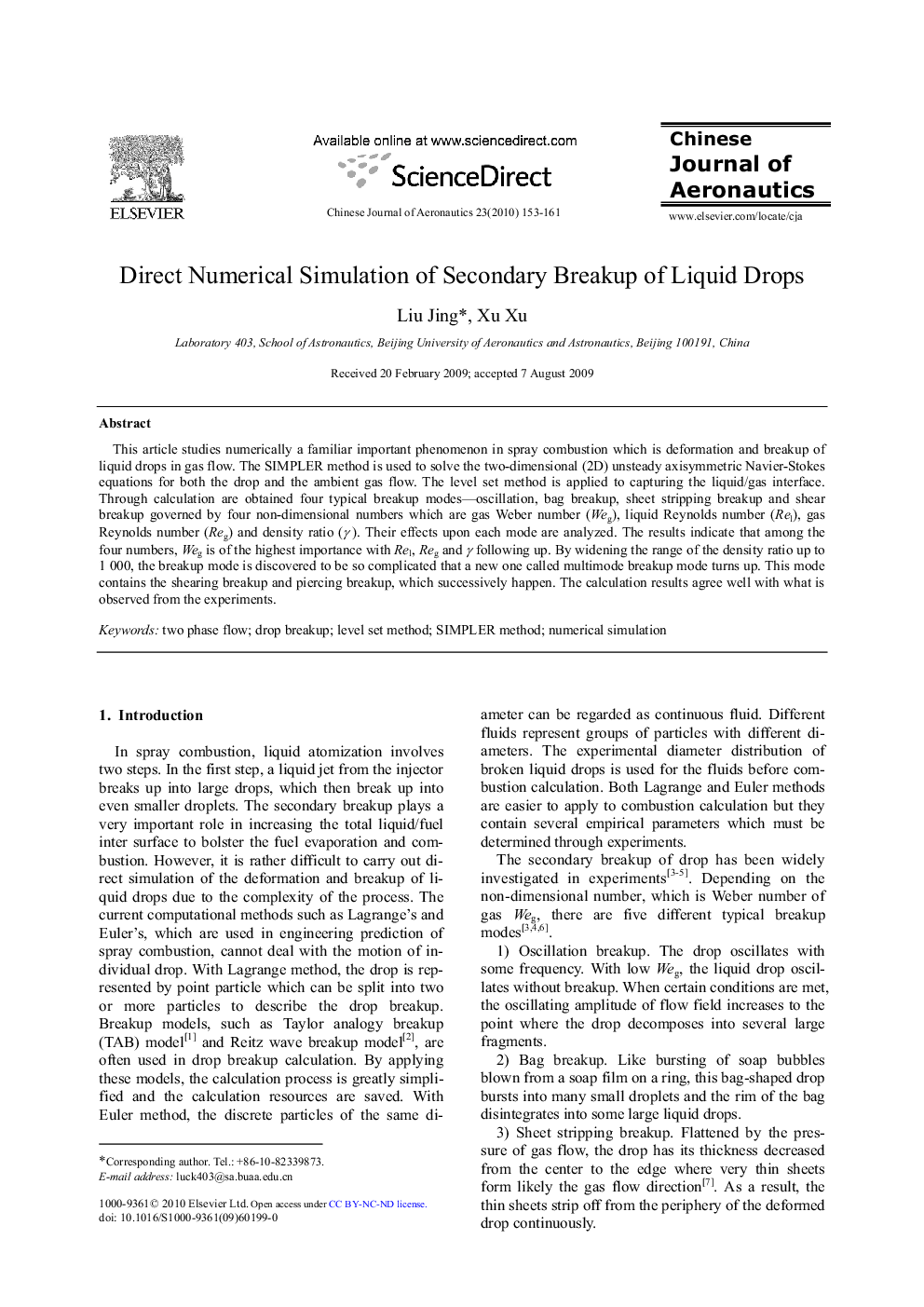 Direct Numerical Simulation of Secondary Breakup of Liquid Drops