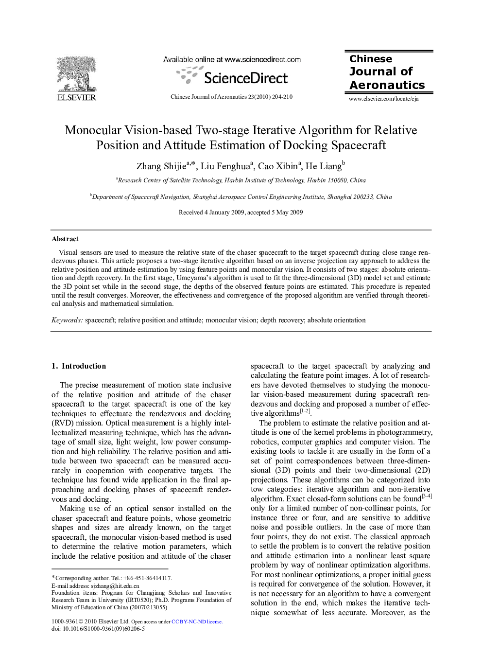 Monocular Vision-based Two-stage Iterative Algorithm for Relative Position and Attitude Estimation of Docking Spacecraft 