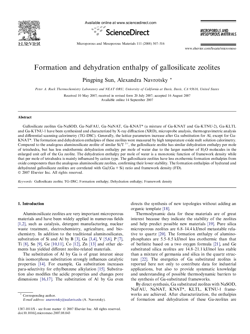 Formation and dehydration enthalpy of gallosilicate zeolites