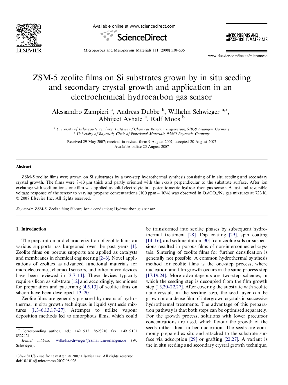 ZSM-5 zeolite films on Si substrates grown by in situ seeding and secondary crystal growth and application in an electrochemical hydrocarbon gas sensor