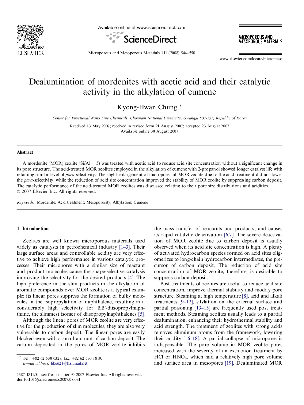 Dealumination of mordenites with acetic acid and their catalytic activity in the alkylation of cumene