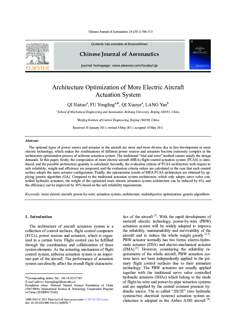 Architecture Optimization of More Electric Aircraft Actuation System 