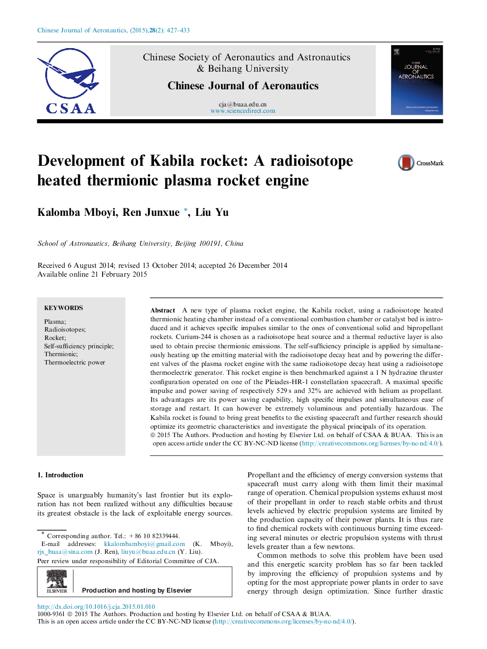 Development of Kabila rocket: A radioisotope heated thermionic plasma rocket engine 