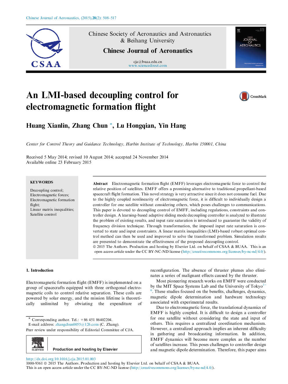 An LMI-based decoupling control for electromagnetic formation flight 