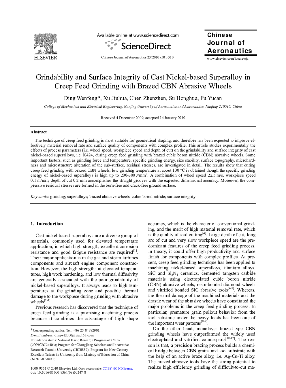 Grindability and Surface Integrity of Cast Nickel-based Superalloy in Creep Feed Grinding with Brazed CBN Abrasive Wheels 