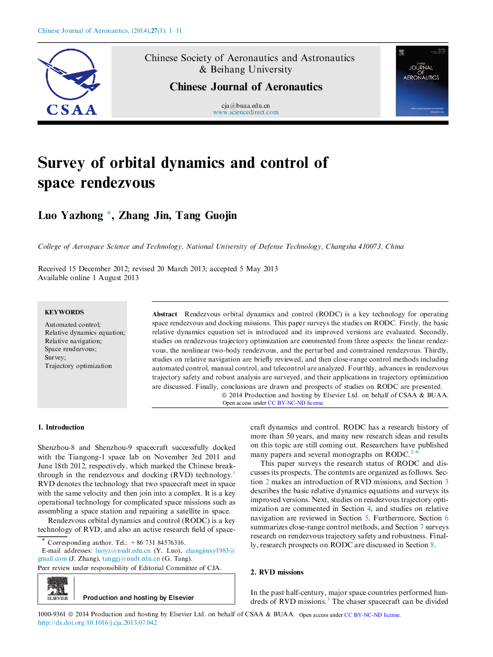 Survey of orbital dynamics and control of space rendezvous 