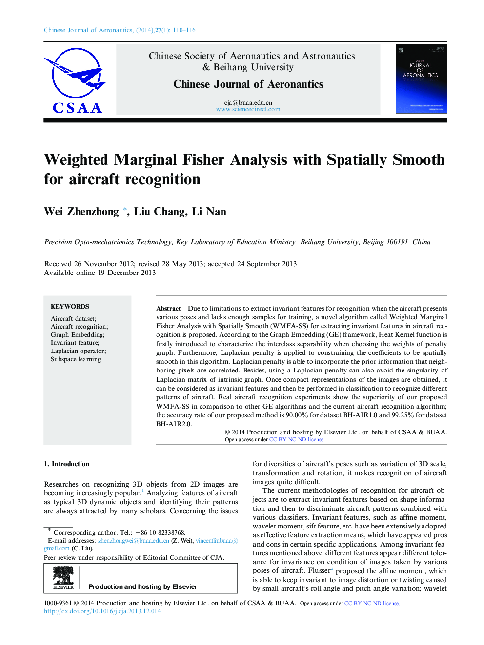 Weighted Marginal Fisher Analysis with Spatially Smooth for aircraft recognition 