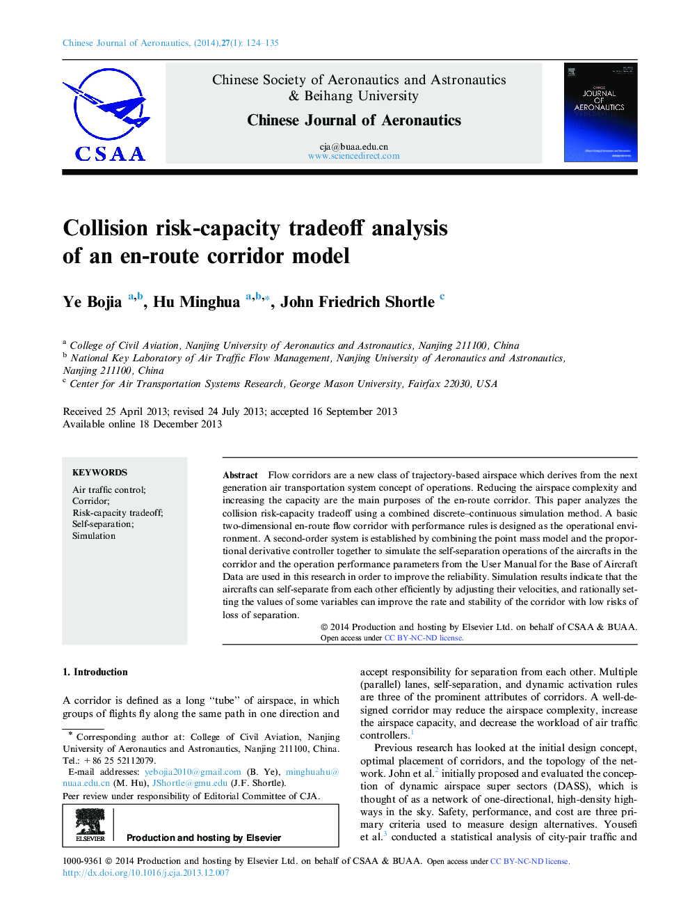 Collision risk-capacity tradeoff analysis of an en-route corridor model 