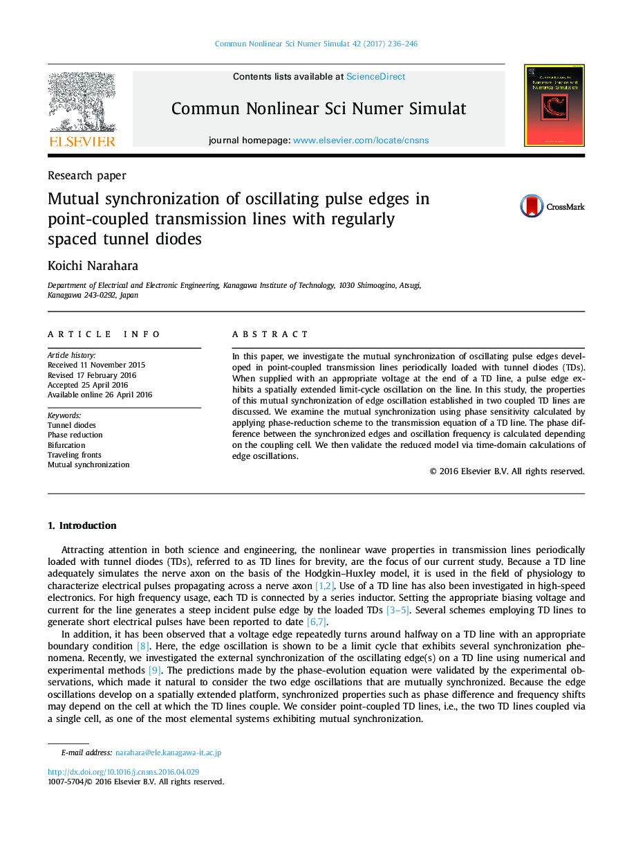 Mutual synchronization of oscillating pulse edges in point-coupled transmission lines with regularly spaced tunnel diodes