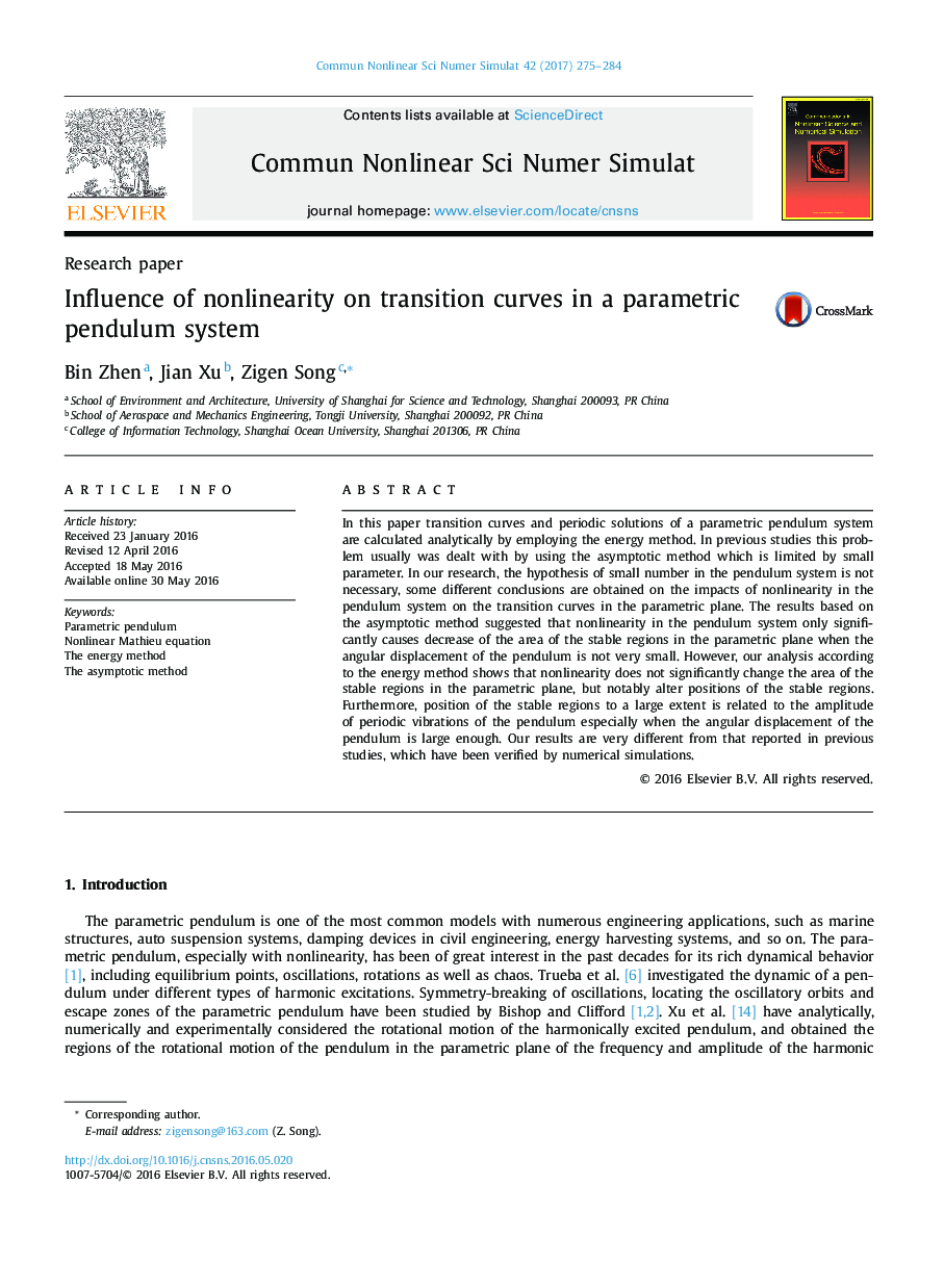 Influence of nonlinearity on transition curves in a parametric pendulum system