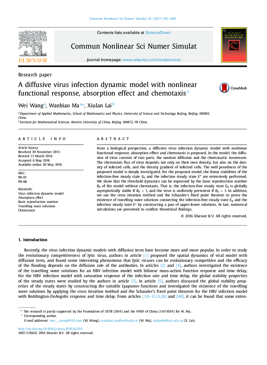 A diffusive virus infection dynamic model with nonlinear functional response, absorption effect and chemotaxis 