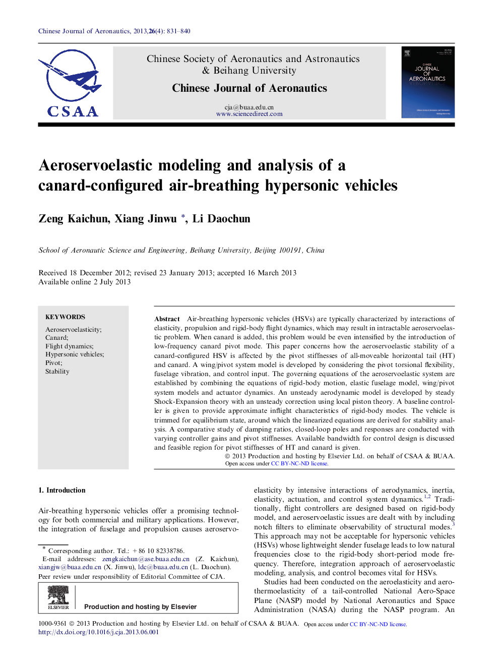 Aeroservoelastic modeling and analysis of a canard-configured air-breathing hypersonic vehicles 