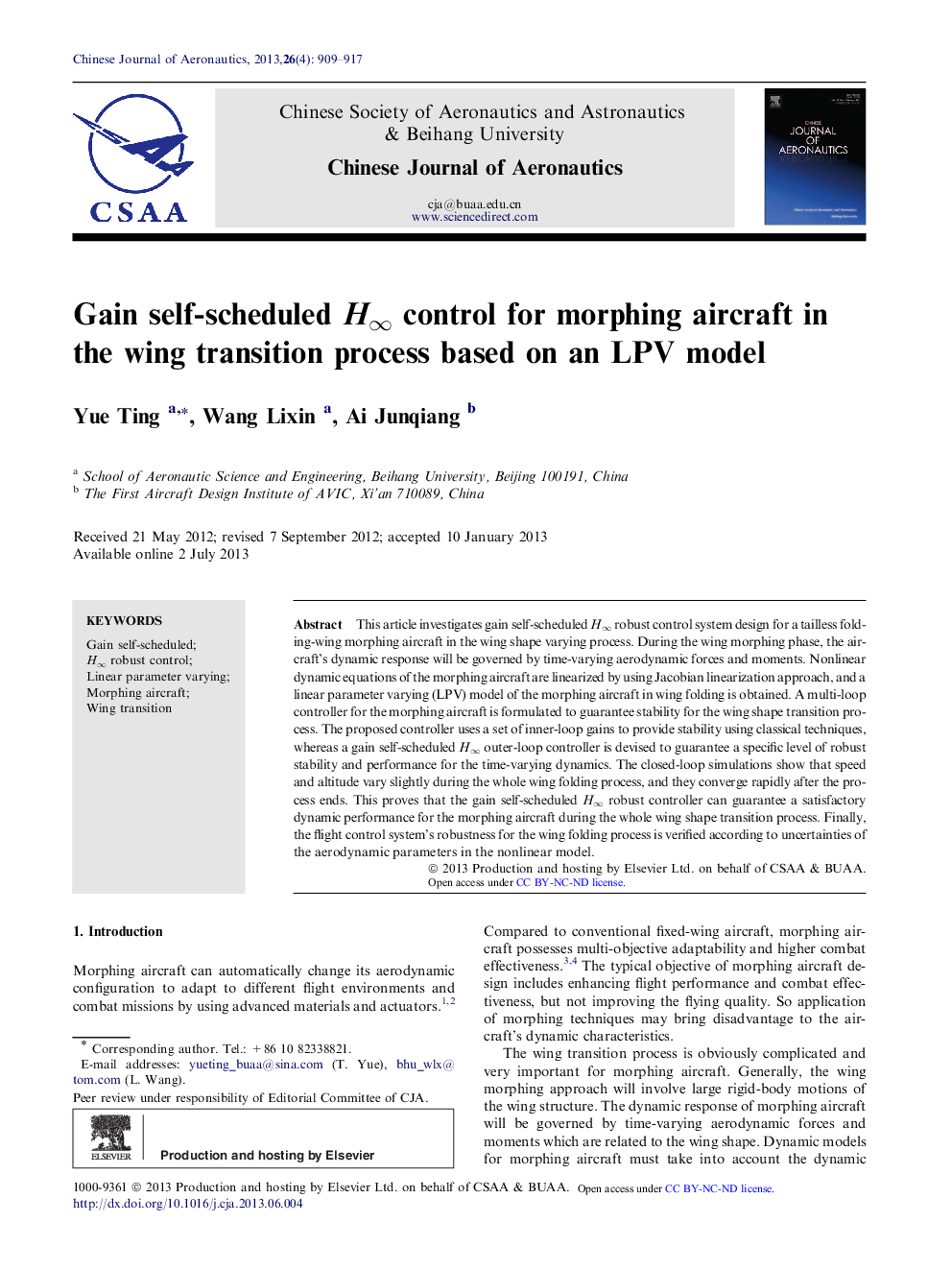 Gain self-scheduled H∞ control for morphing aircraft in the wing transition process based on an LPV model 