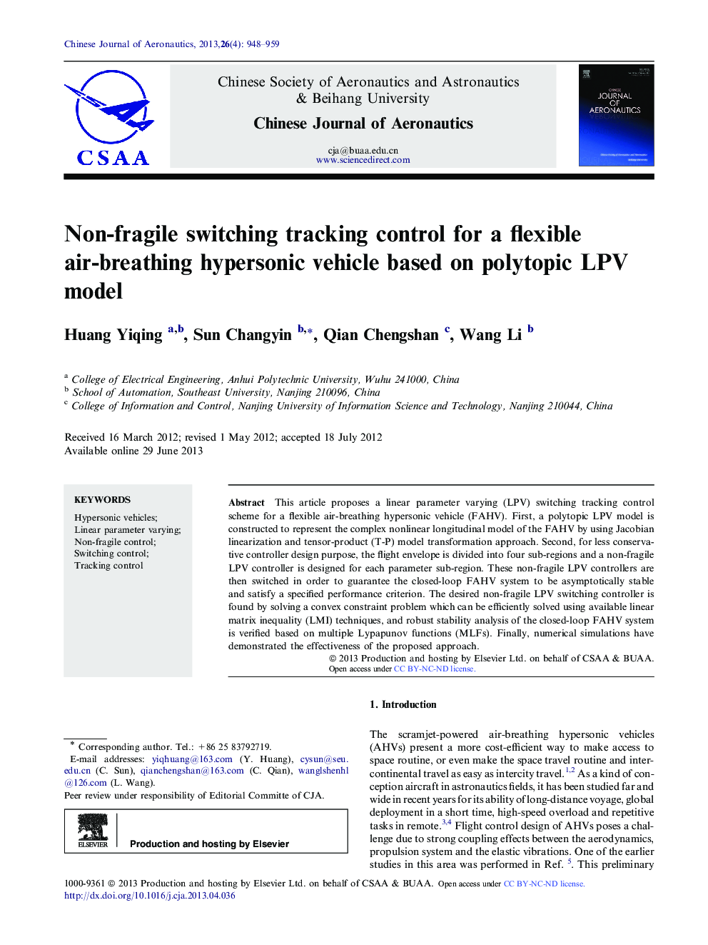 Non-fragile switching tracking control for a flexible air-breathing hypersonic vehicle based on polytopic LPV model 