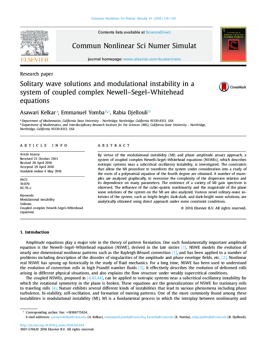 Solitary wave solutions and modulational instability in a system of coupled complex Newell–Segel–Whitehead equations