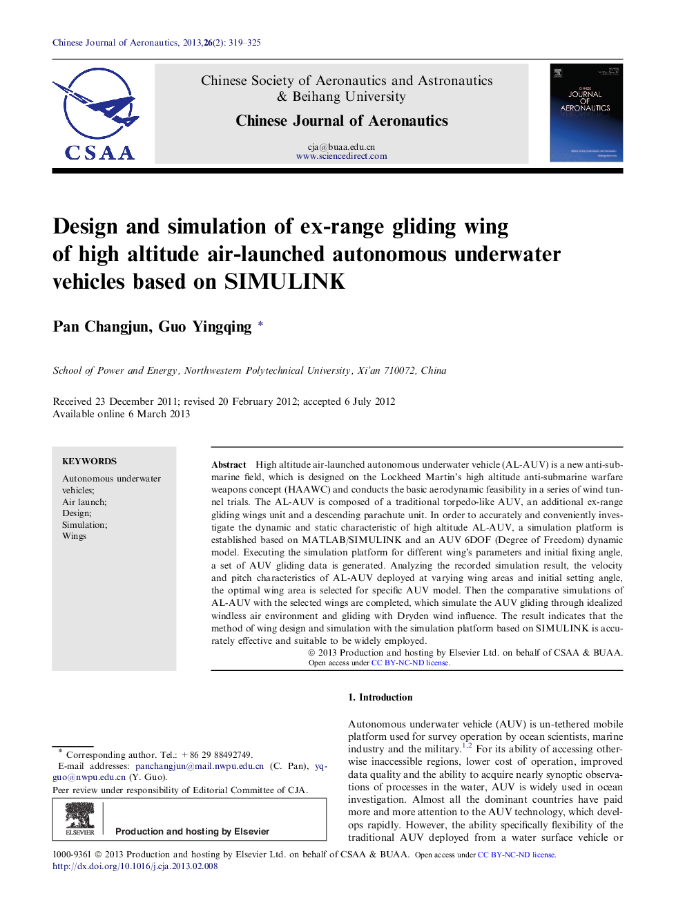 Design and simulation of ex-range gliding wing of high altitude air-launched autonomous underwater vehicles based on SIMULINK 