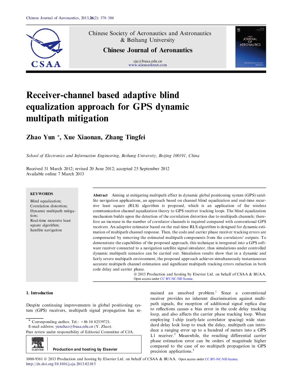 Receiver-channel based adaptive blind equalization approach for GPS dynamic multipath mitigation 